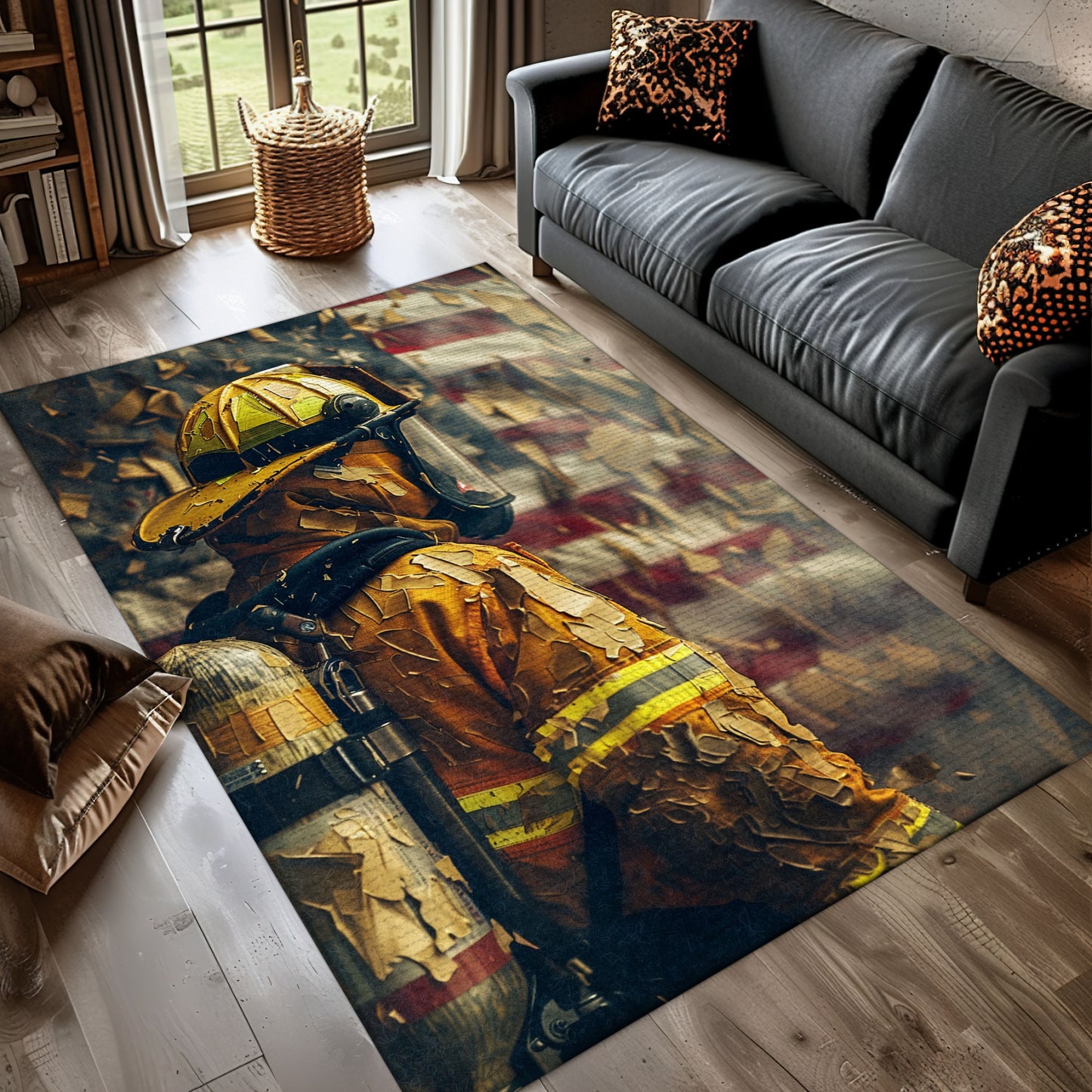 Firefighter Escaping Smoke and Fire Heroic Area Rug: Tribute to Brave First Responders, Firefighter Rugs for Living Room Bedroom, Firefighter Rectangular Rugs Full Size FR36
