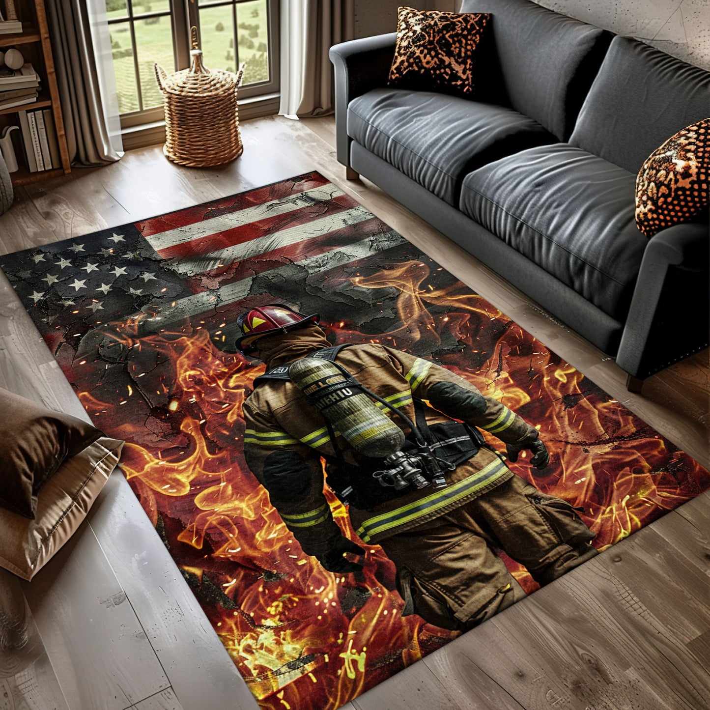 Heroic Firefighter in Full Gear Portrayed Rug: Inspire Courage in Your Home, Firefighter Rugs for Living Room Bedroom, Firefighter Rectangular Rugs Full Size FR35