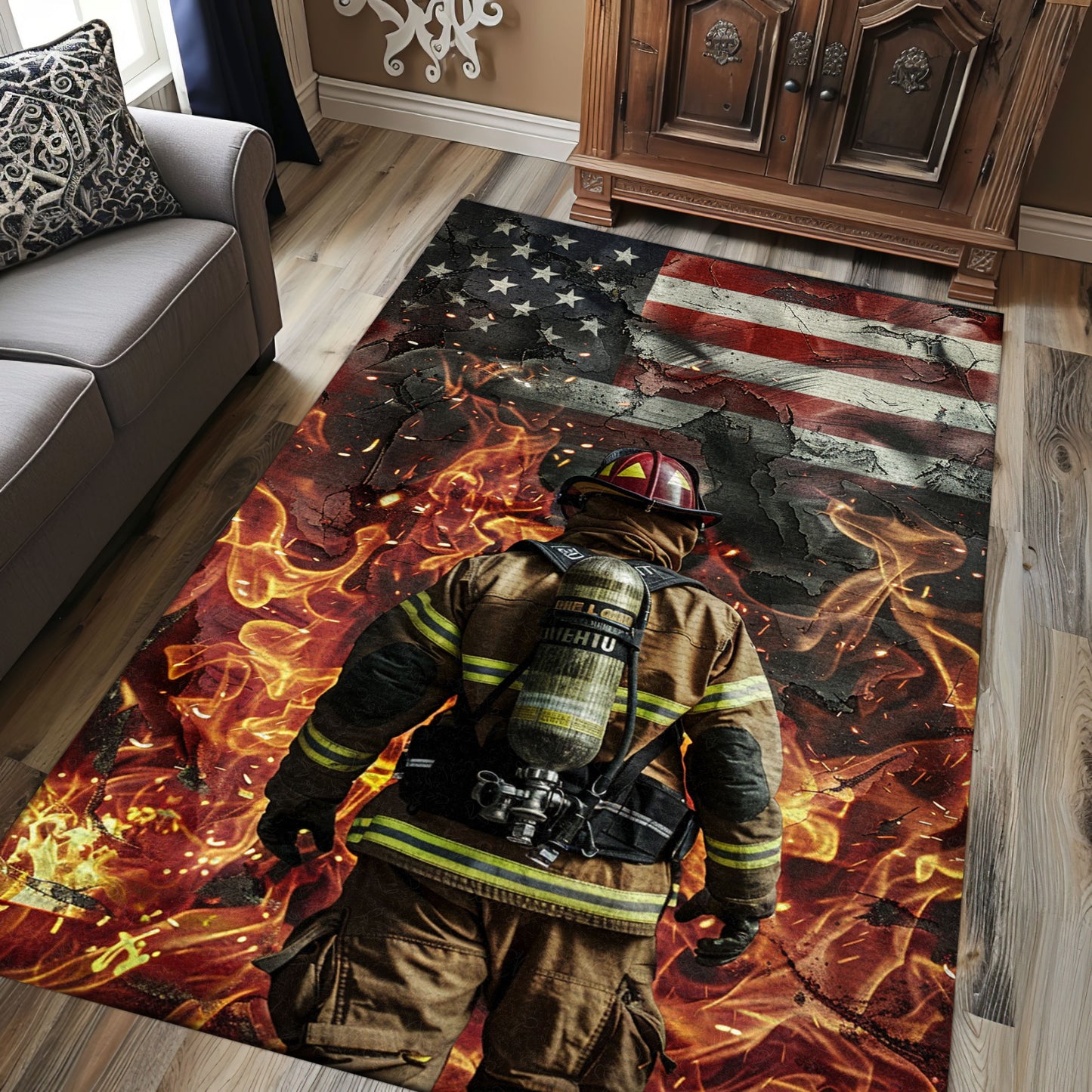 Heroic Firefighter in Full Gear Portrayed Rug: Inspire Courage in Your Home, Firefighter Rugs for Living Room Bedroom, Firefighter Rectangular Rugs Full Size FR35