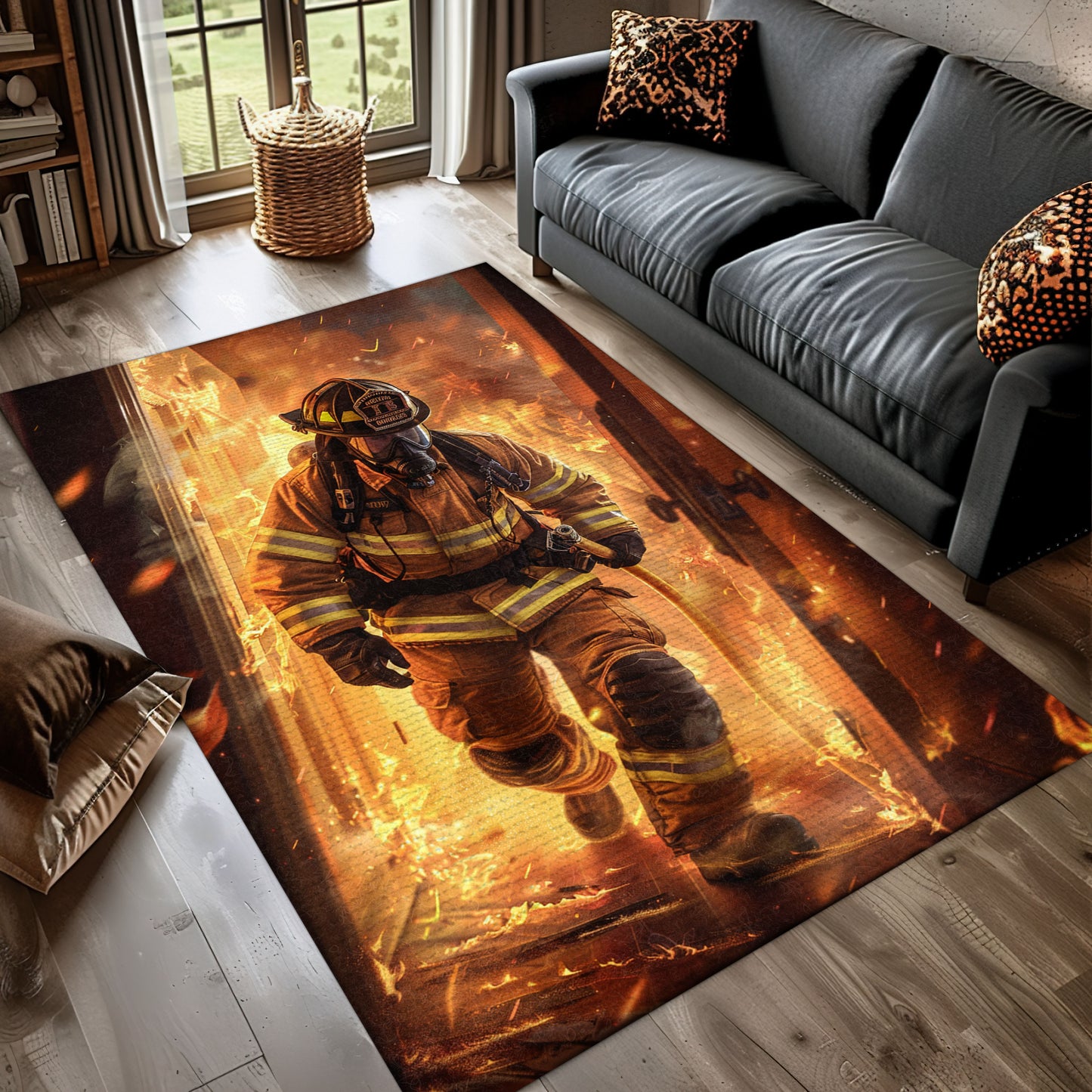 Colorful Fireman Design Rug: Express Gratitude for Firefighters' Service, Firefighter Rugs for Living Room Bedroom, Firefighter Rectangular Rugs Full Size FR34