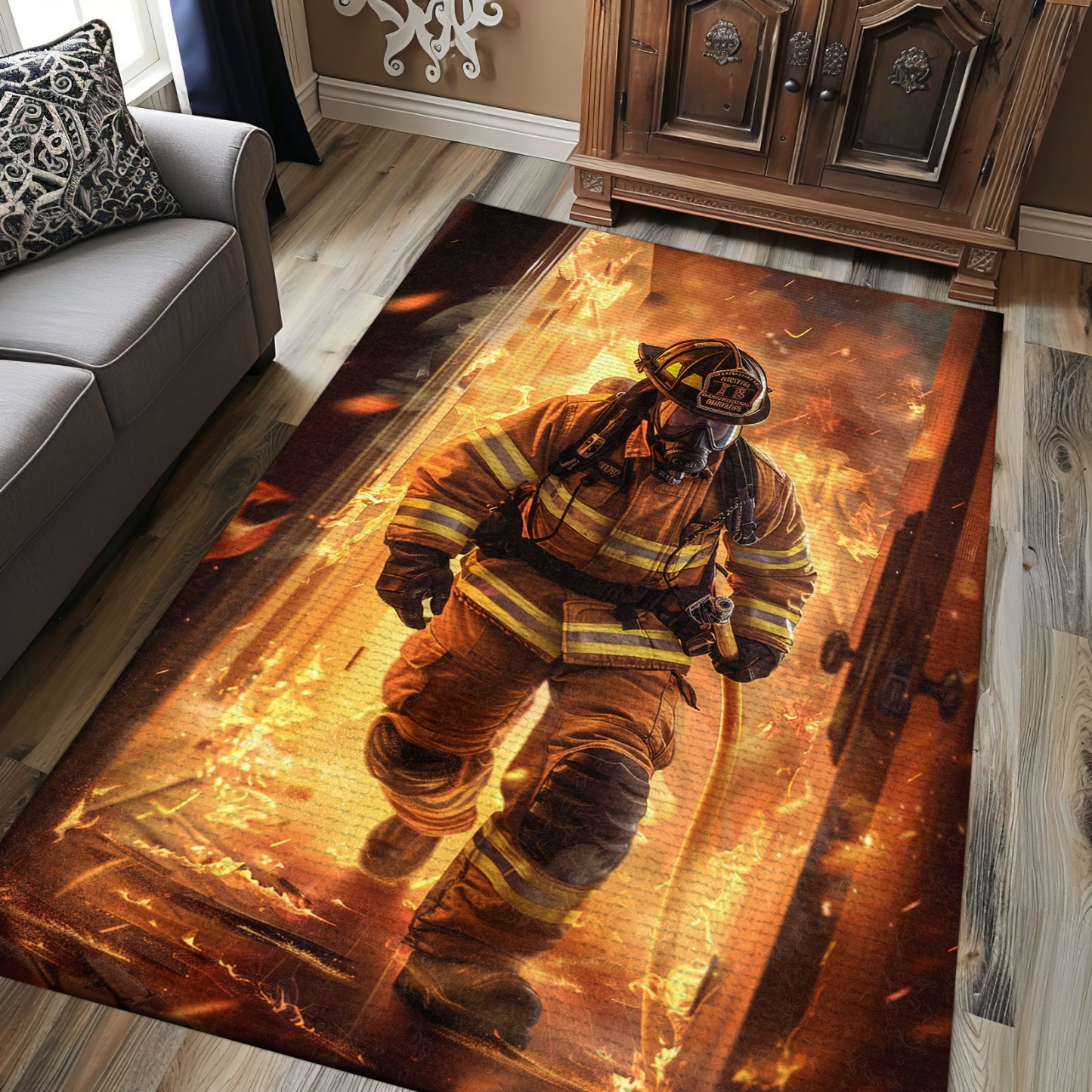 Colorful Fireman Design Rug: Express Gratitude for Firefighters' Service, Firefighter Rugs for Living Room Bedroom, Firefighter Rectangular Rugs Full Size FR34