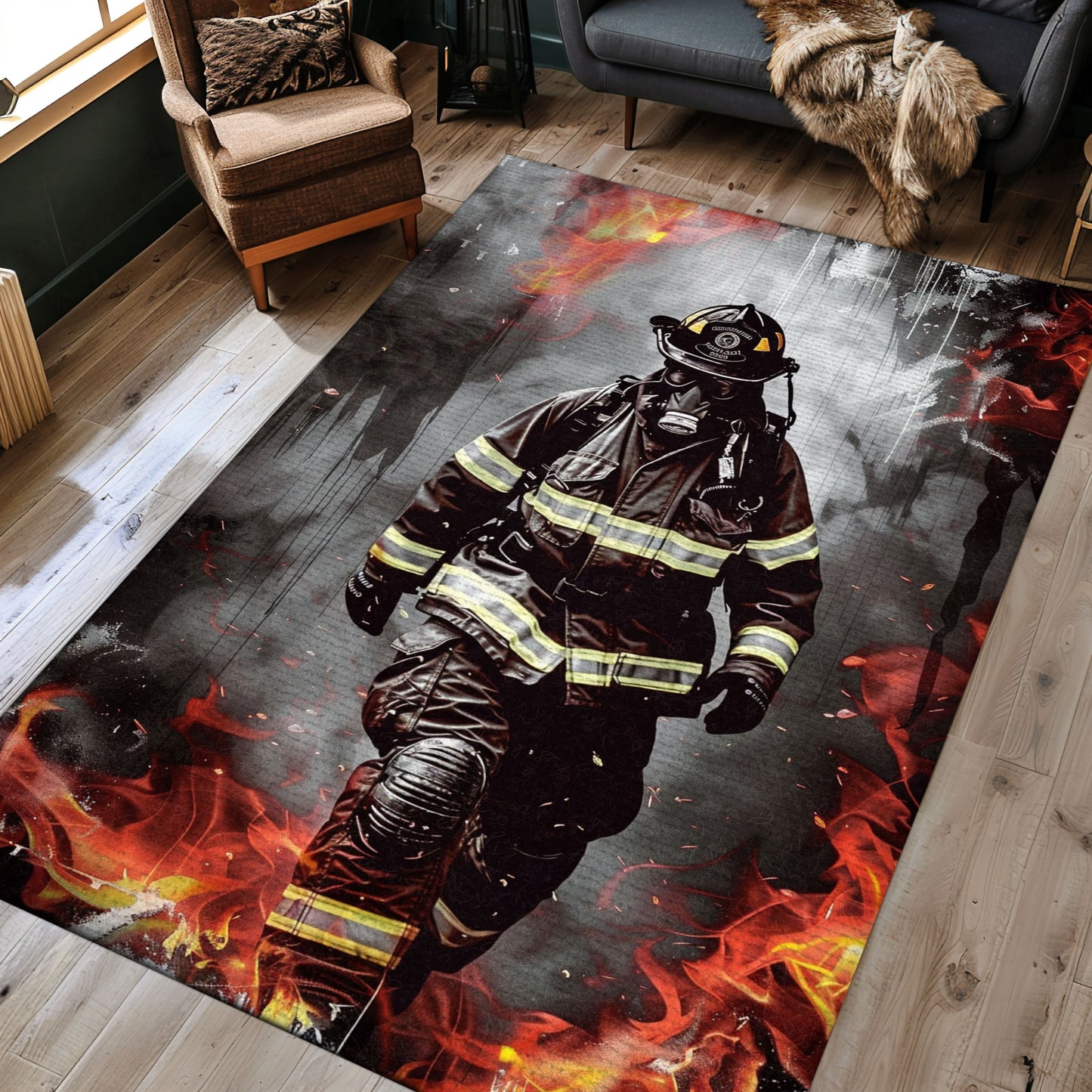 Courageous Firefighter Area Rug: Bring Heroism to Your Living Space, Firefighter Rugs for Living Room Bedroom, Firefighter Rectangular Rugs Full Size FR30
