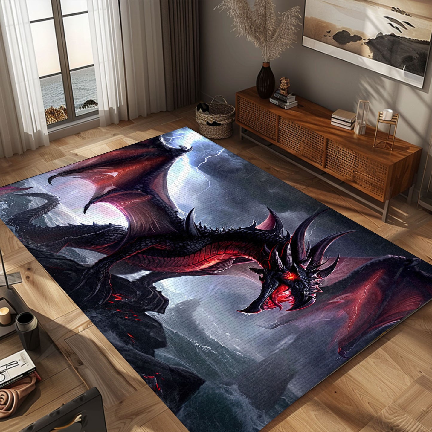 Powerful and Fearsome Black Dragon Area Rug with Vivid Red Accents, Perfect for Dramatic and Bold Interiors, Gift For Dragon Lovers, Personalized Dragon Rug for Living Room, Bedroom DG81