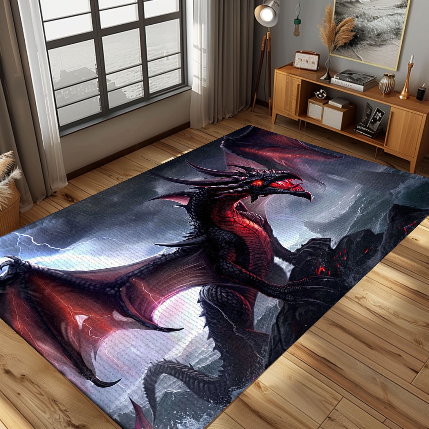 Powerful and Fearsome Black Dragon Area Rug with Vivid Red Accents, Perfect for Dramatic and Bold Interiors, Gift For Dragon Lovers, Personalized Dragon Rug for Living Room, Bedroom DG81