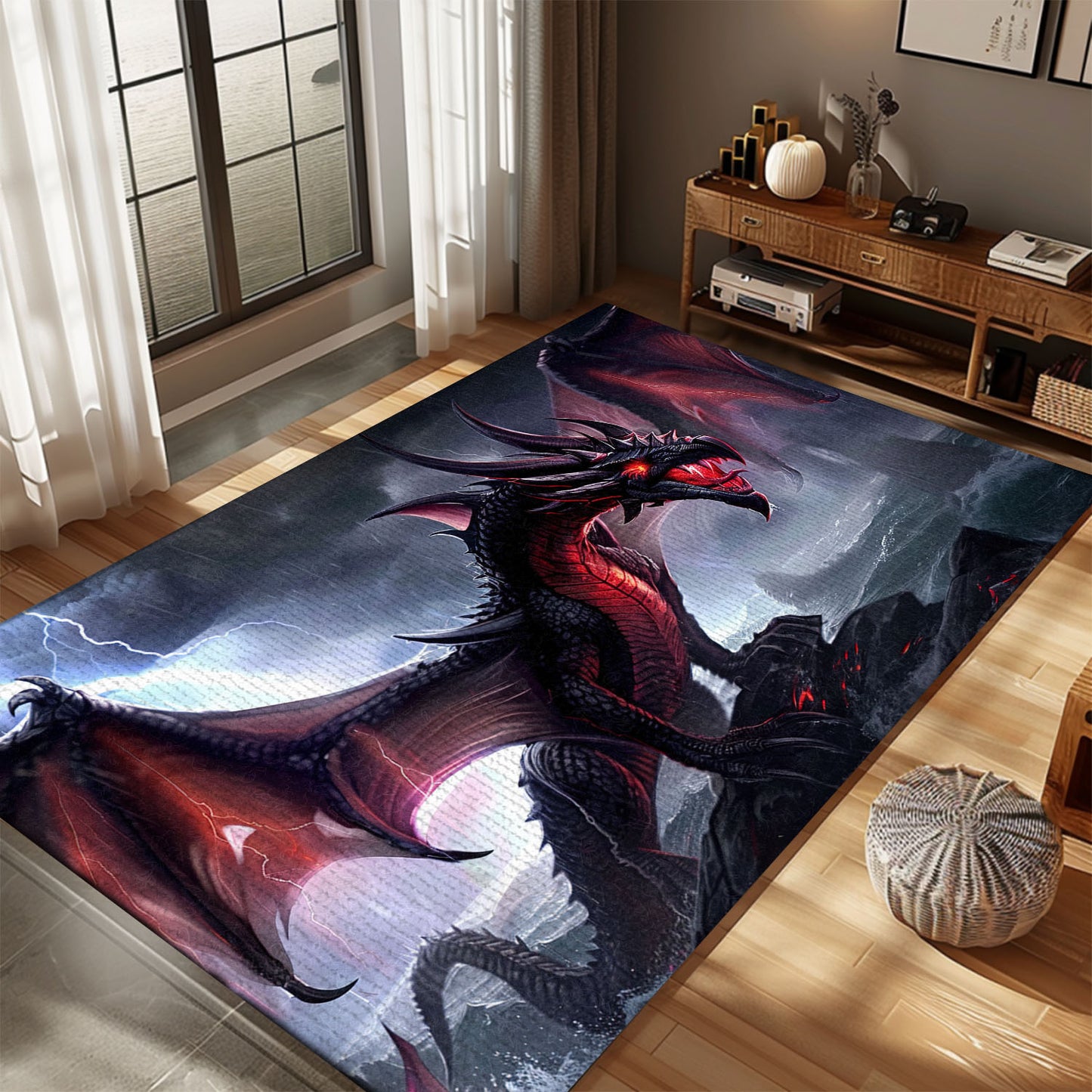 Powerful and Fearsome Black Dragon Area Rug with Vivid Red Accents, Perfect for Dramatic and Bold Interiors, Gift For Dragon Lovers, Personalized Dragon Rug for Living Room, Bedroom DG81