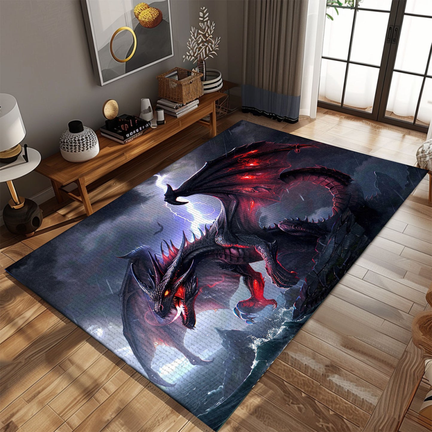 Intimidating Black Dragon with Bright Red Accents Area Rug, Perfect for Adding an Edge to Your Interior Design, Gift For Dragon Lovers, Personalized Dragon Rug for Living Room, Bedroom DG80