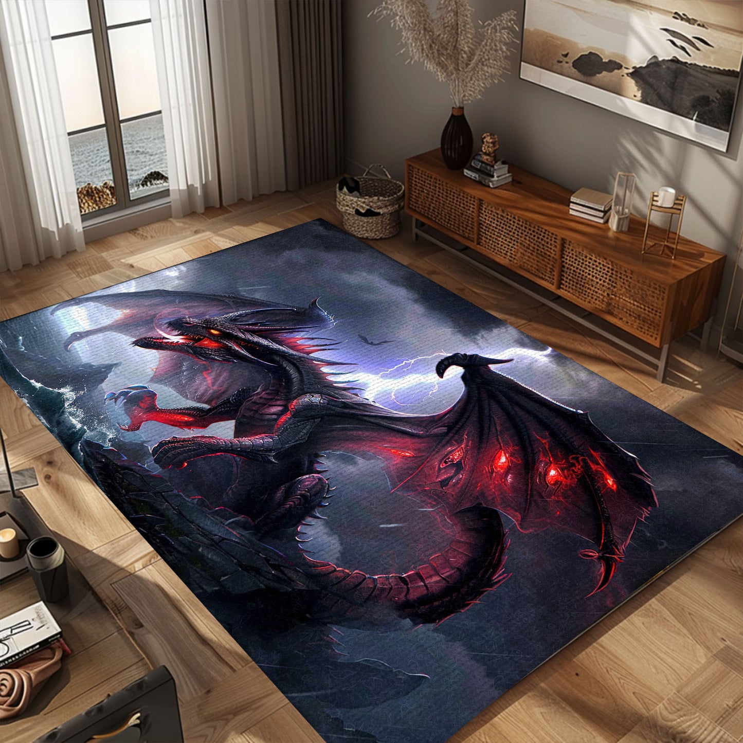 Intimidating Black Dragon with Bright Red Accents Area Rug, Perfect for Adding an Edge to Your Interior Design, Gift For Dragon Lovers, Personalized Dragon Rug for Living Room, Bedroom DG80