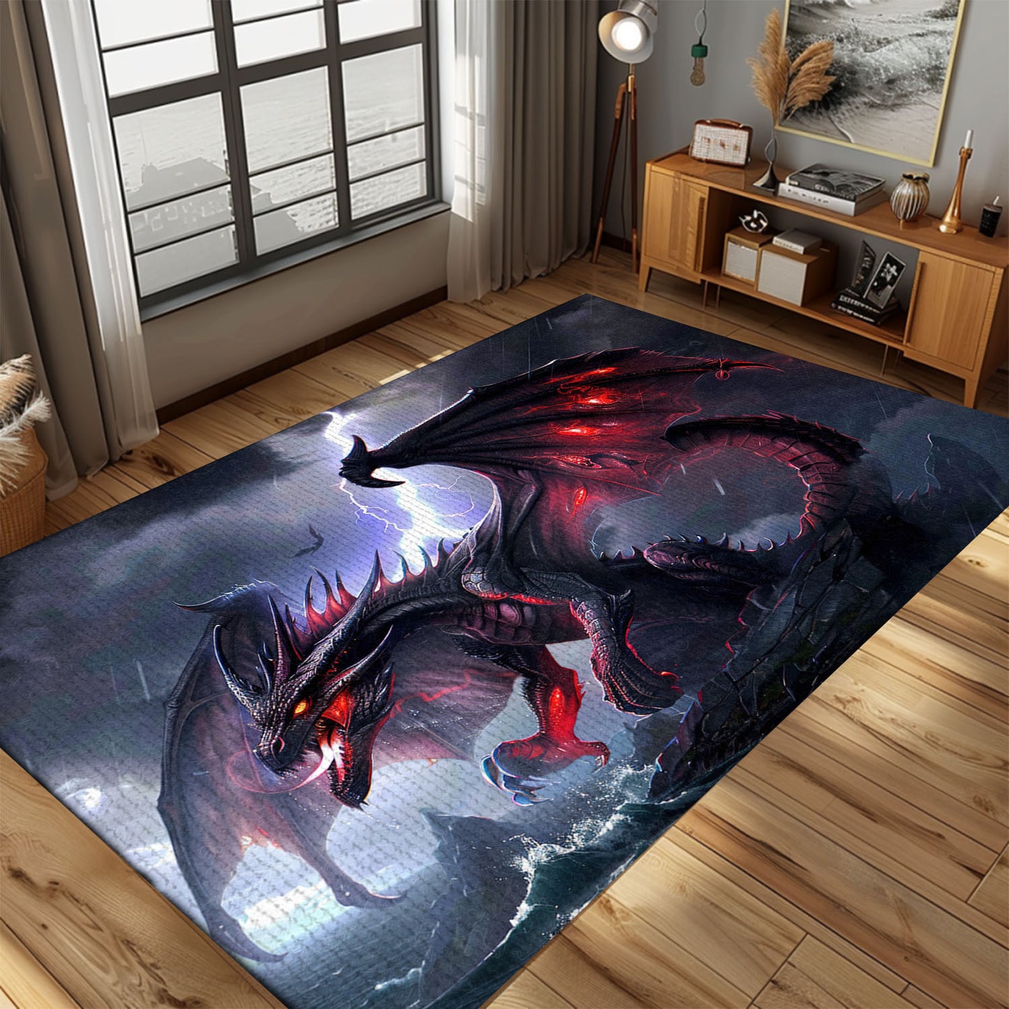 Intimidating Black Dragon with Bright Red Accents Area Rug, Perfect for Adding an Edge to Your Interior Design, Gift For Dragon Lovers, Personalized Dragon Rug for Living Room, Bedroom DG80