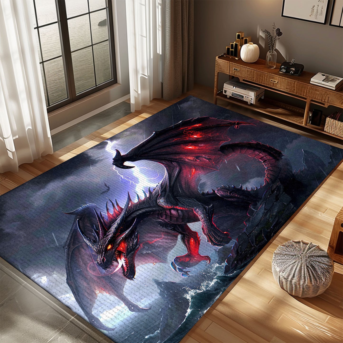Intimidating Black Dragon with Bright Red Accents Area Rug, Perfect for Adding an Edge to Your Interior Design, Gift For Dragon Lovers, Personalized Dragon Rug for Living Room, Bedroom DG80