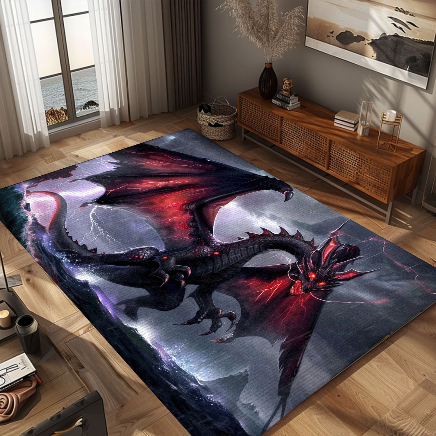 Fearsome Black Dragon with Vivid Red Accents, Powerful Area Rug for a Bold and Striking Home or Office Decor, Gift For Dragon Lovers, Personalized Dragon Rug for Living Room, Bedroom DG79