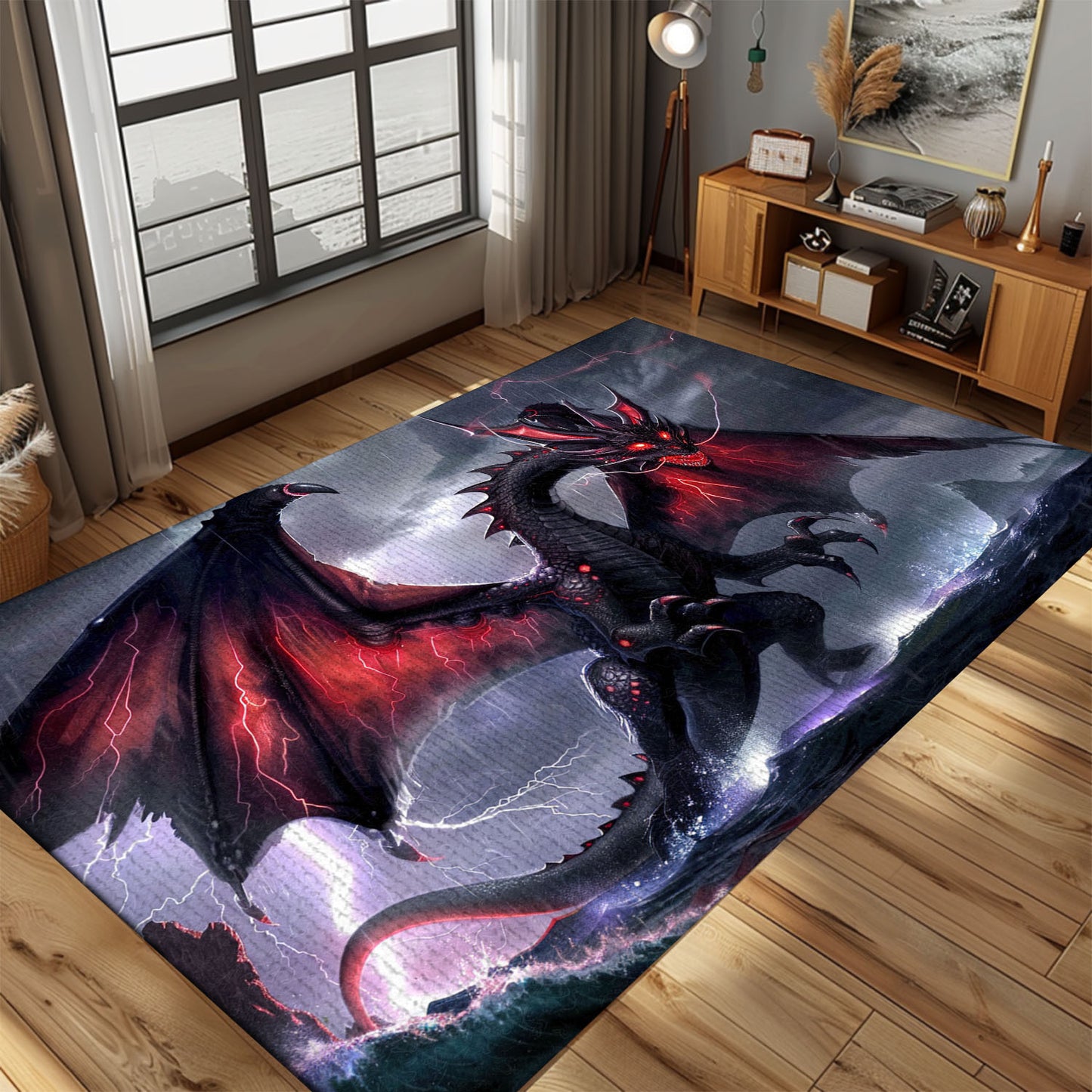 Fearsome Black Dragon with Vivid Red Accents, Powerful Area Rug for a Bold and Striking Home or Office Decor, Gift For Dragon Lovers, Personalized Dragon Rug for Living Room, Bedroom DG79