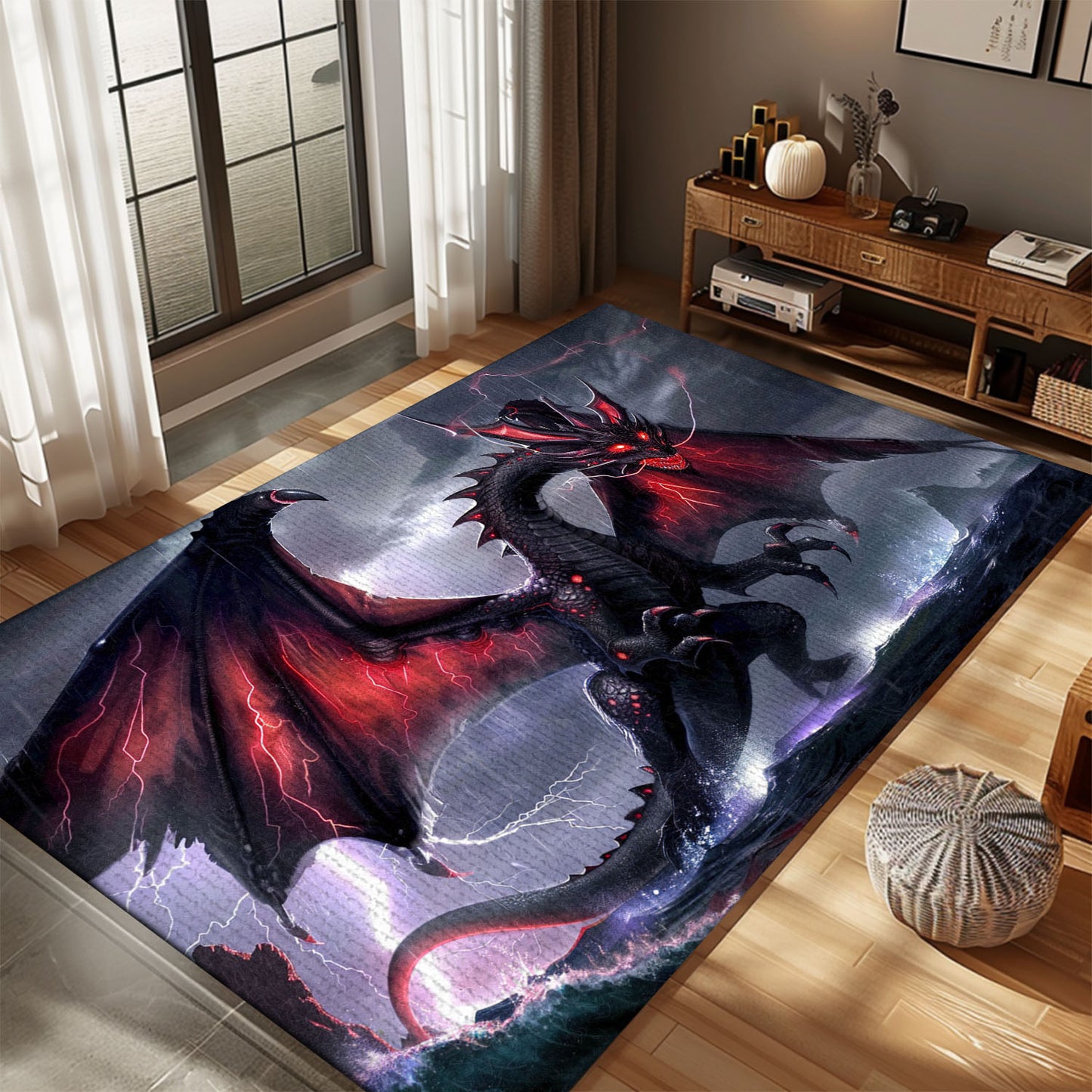 Fearsome Black Dragon with Vivid Red Accents, Powerful Area Rug for a Bold and Striking Home or Office Decor, Gift For Dragon Lovers, Personalized Dragon Rug for Living Room, Bedroom DG79
