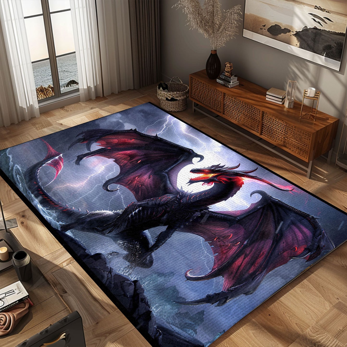 Gothic-Inspired Purple Dragon Area Rug with Ornate Silver Cross, Perfect for Creating a Dramatic Interior Design, Gift For Dragon Lovers, Personalized Dragon Rug for Living Room, Bedroom DG78