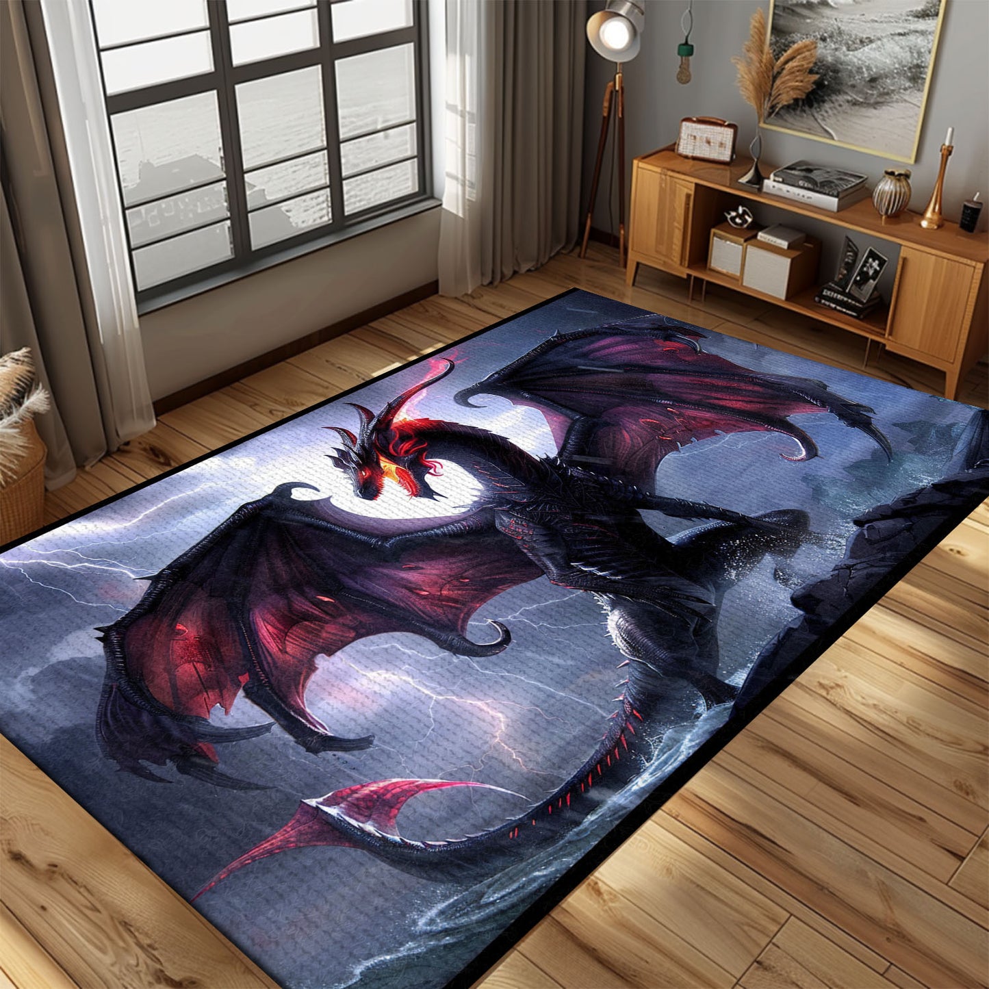Gothic-Inspired Purple Dragon Area Rug with Ornate Silver Cross, Perfect for Creating a Dramatic Interior Design, Gift For Dragon Lovers, Personalized Dragon Rug for Living Room, Bedroom DG78