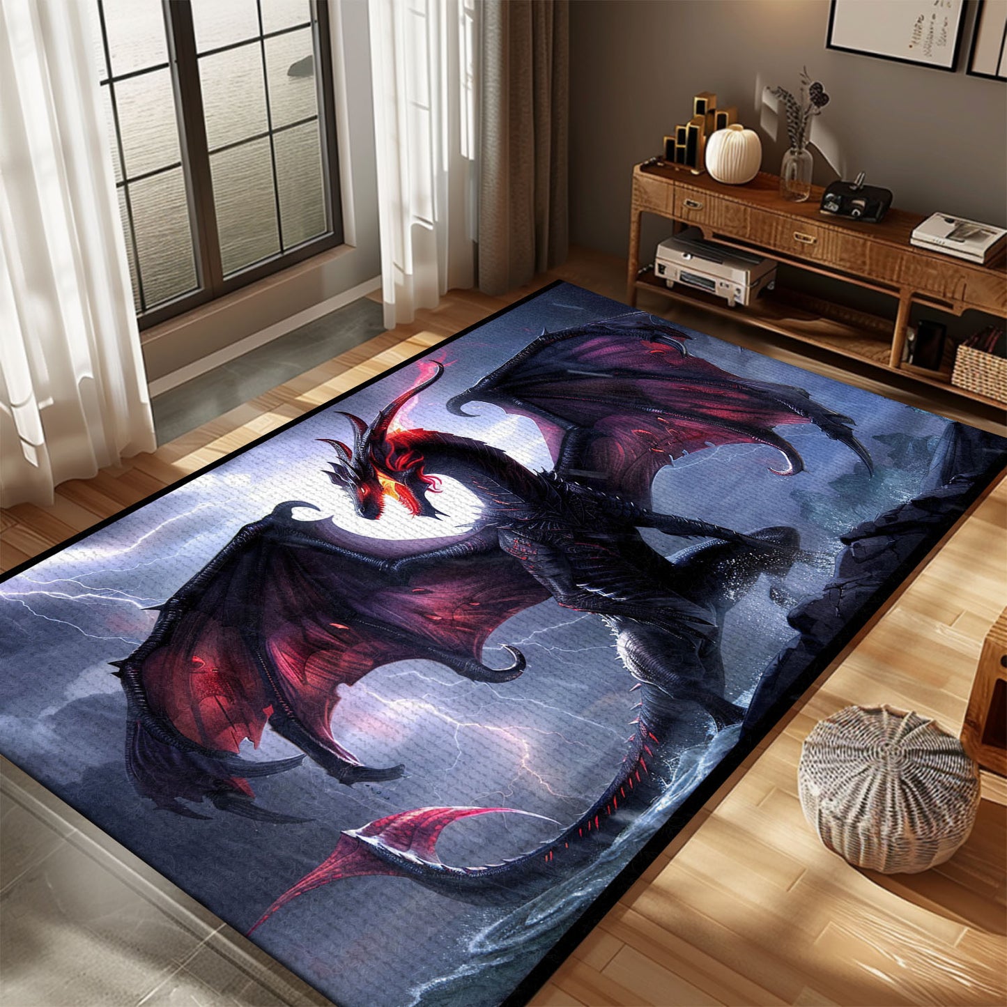 Gothic-Inspired Purple Dragon Area Rug with Ornate Silver Cross, Perfect for Creating a Dramatic Interior Design, Gift For Dragon Lovers, Personalized Dragon Rug for Living Room, Bedroom DG78