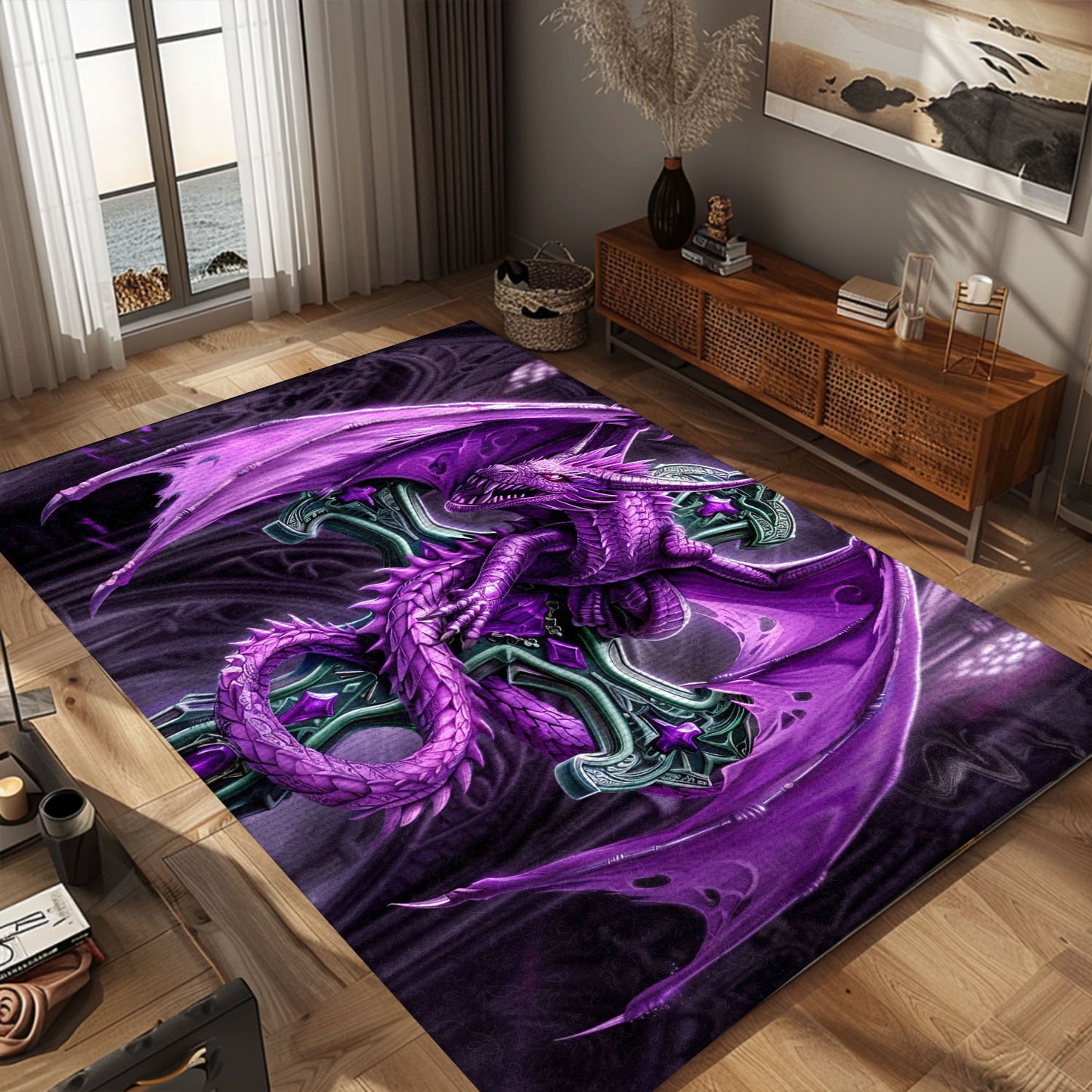 Purple Dragon Coiled Around an Ornate Gothic Cross Area Rug, Perfect for a Unique and Mysterious Home Decor, Gift For Dragon Lovers, Personalized Dragon Rug for Living Room, Bedroom DG76