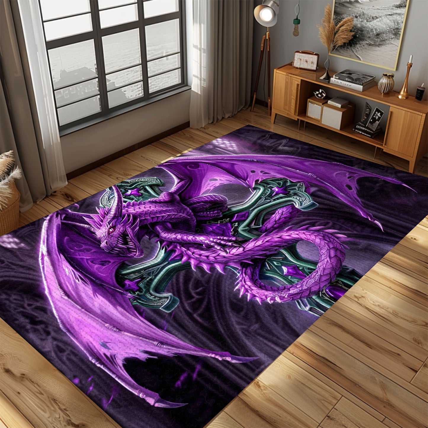 Purple Dragon Coiled Around an Ornate Gothic Cross Area Rug, Perfect for a Unique and Mysterious Home Decor, Gift For Dragon Lovers, Personalized Dragon Rug for Living Room, Bedroom DG76