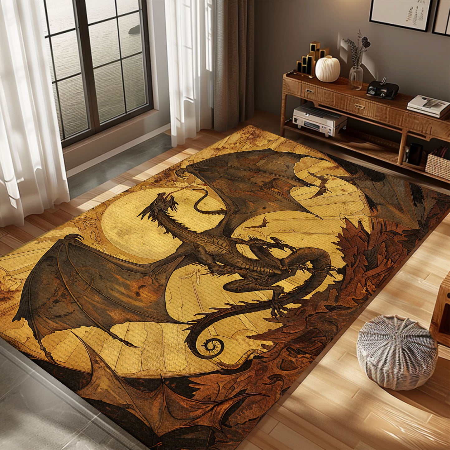 Historic 1400s Dragon Area Rug, Perfect for Adding a Rich and Enchanting Medieval Theme to Your Interior Design, Gift For Dragon Lovers, Personalized Dragon Rug for Living Room, Bedroom DG120