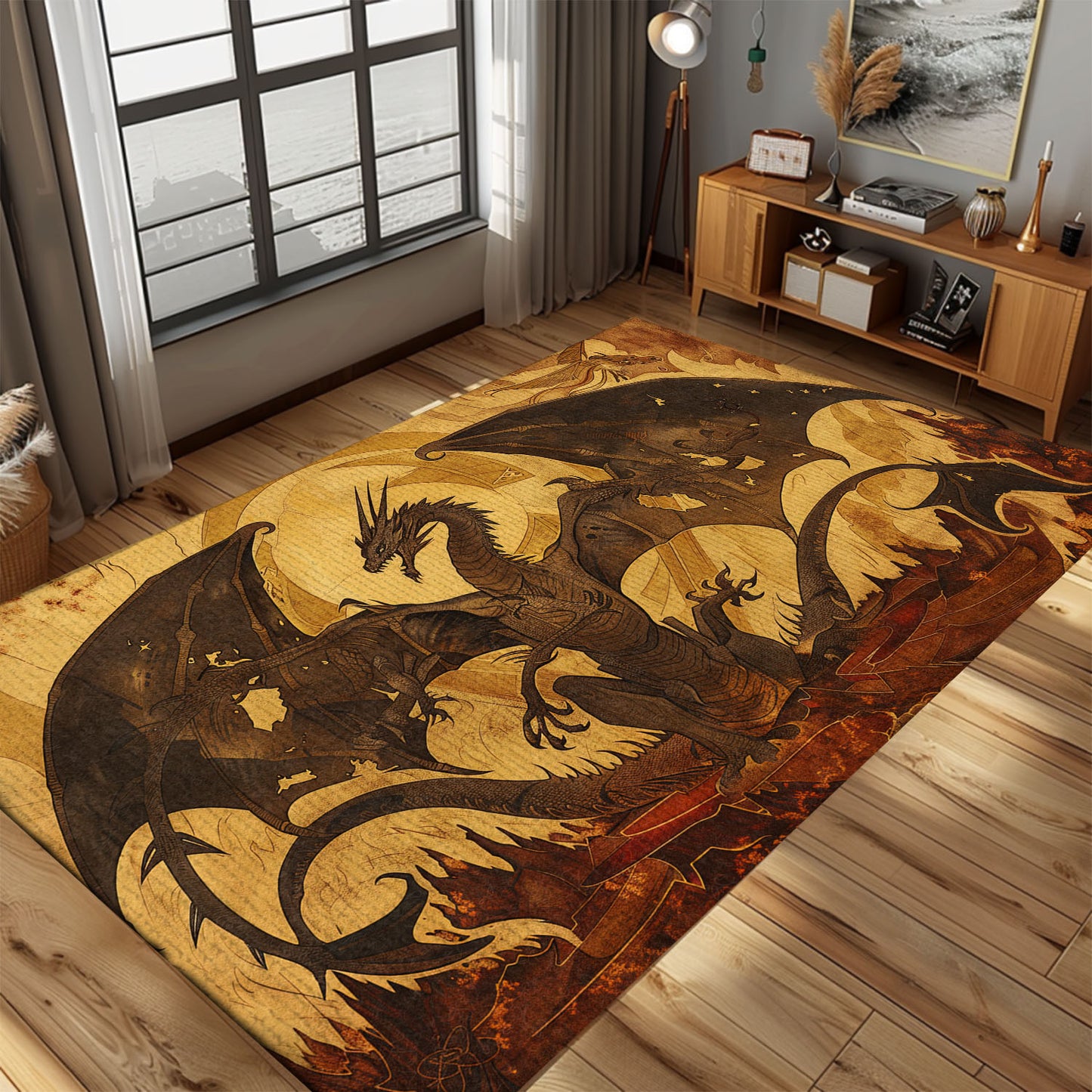 Medieval 1400s Dragon Area Rug, Ideal for Creating a Timeless and Mythical Atmosphere in Your Living Space, Gift For Dragon Lovers, Personalized Dragon Rug for Living Room, Bedroom DG119