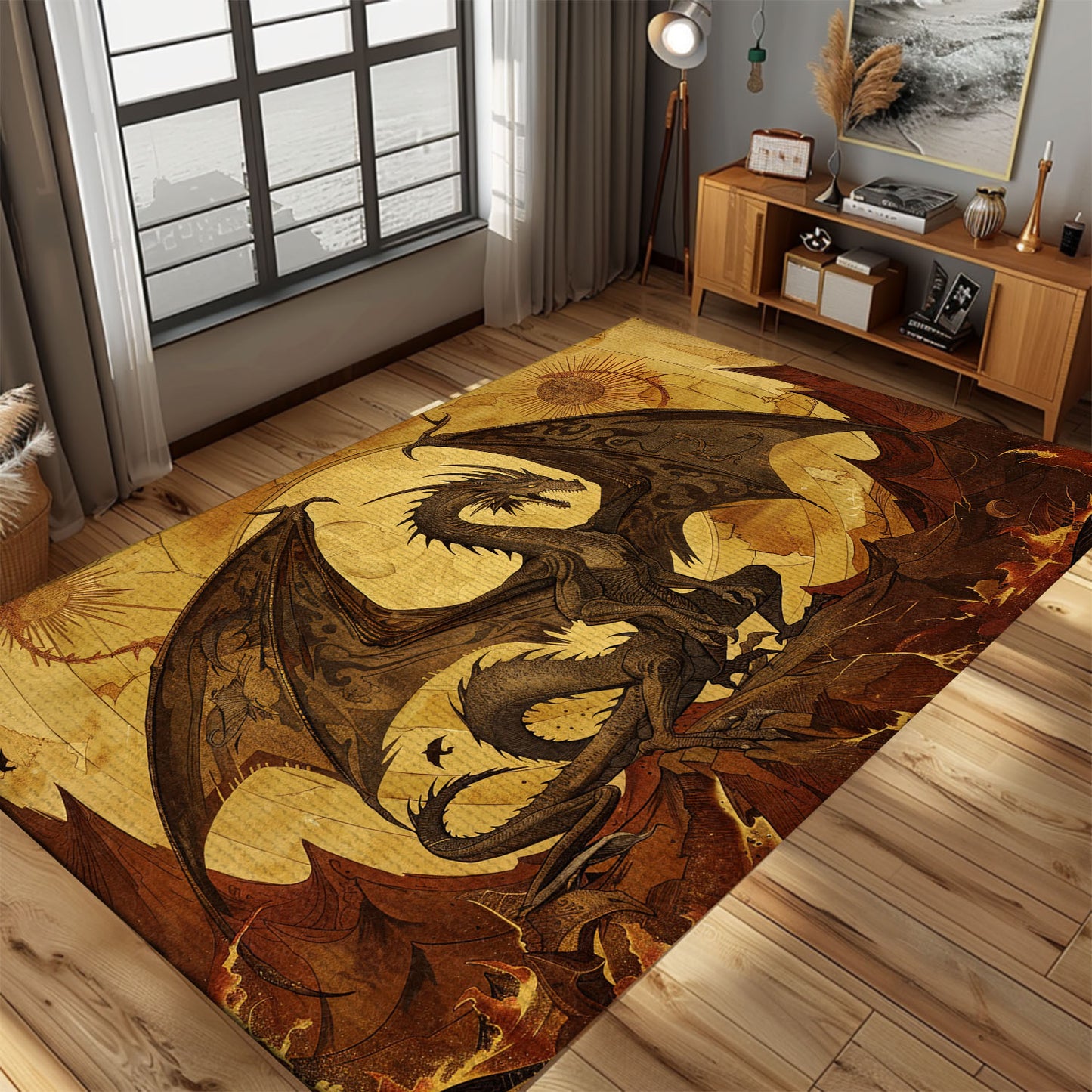 Intricate 1400s Dragon Area Rug, Perfect for Adding a Touch of Medieval Fantasy and Historic Elegance to Any Room, Gift For Dragon Lovers, Personalized Dragon Rug for Living Room, Bedroom DG118