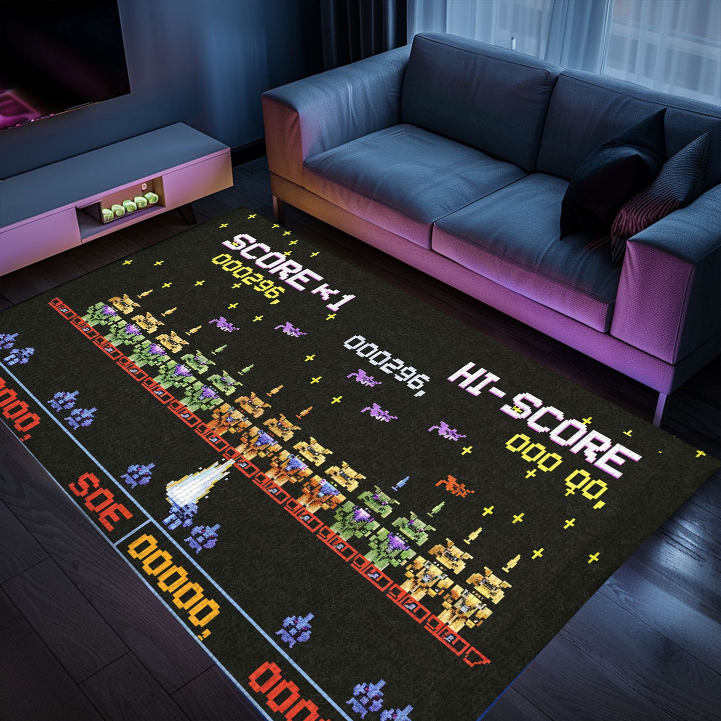 Indulge in Retro Gaming Culture with 80s Arcade Carpet Adorned with Space Invaders Artwork, Arcade Decor, Gift for Gamers, Video Game Lovers G218
