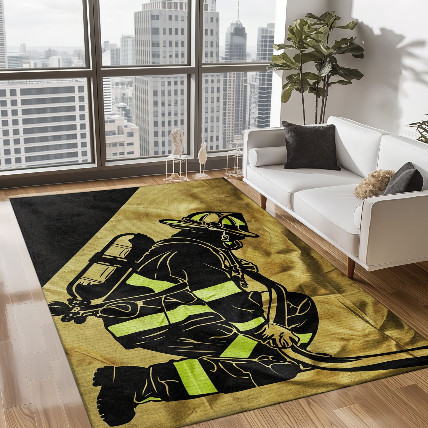 Bold Fire Truck in Front of the USA Flag Area Rug: Show Support for First Responders and Nation, Firefighter Rugs for Living Room Bedroom, Firefighter Rectangular Rugs Full Size FR60