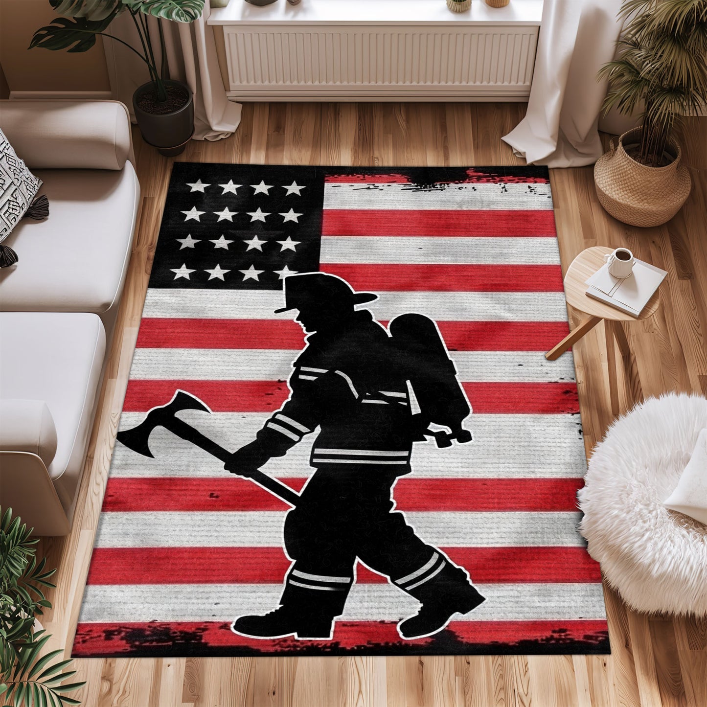 Bold Fire Truck in Front of the USA Flag Area Rug: Show Support for First Responders and Nation, Firefighter Rugs for Living Room Bedroom, Firefighter Rectangular Rugs Full Size FR60