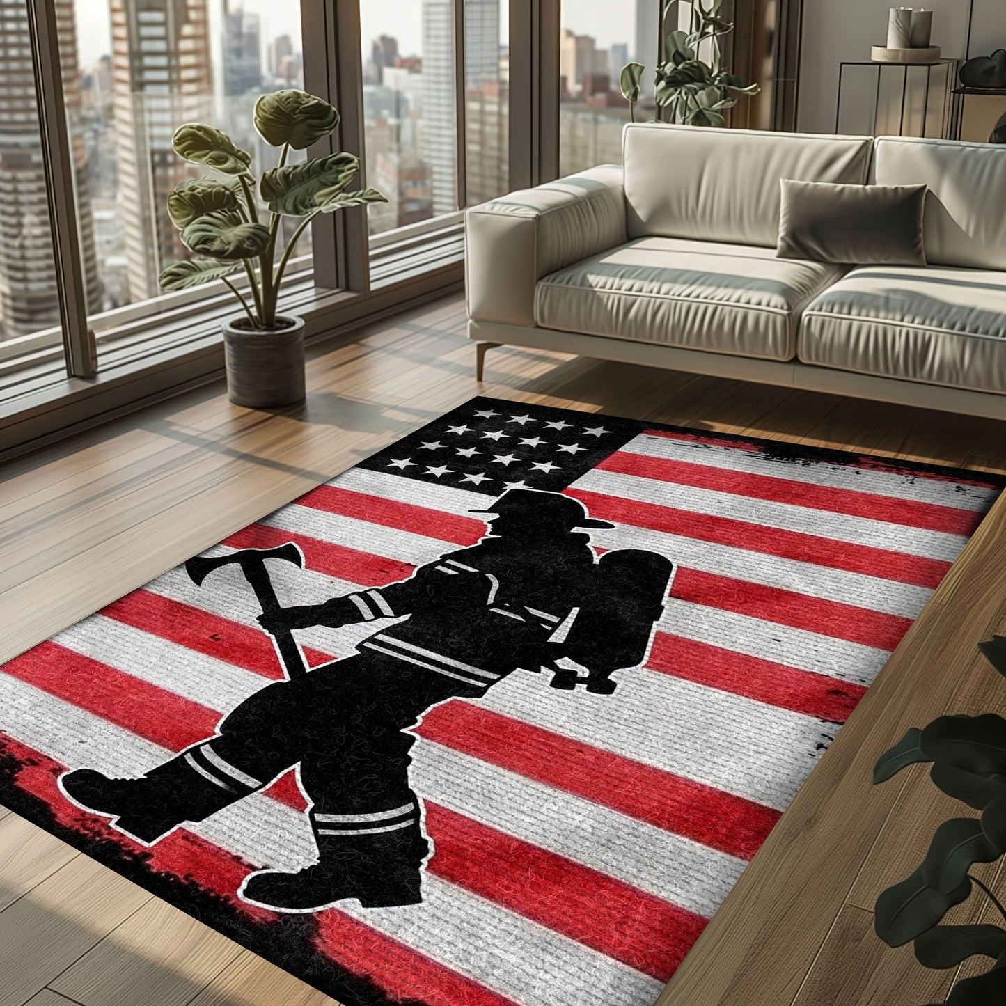 Bold Fire Truck in Front of the USA Flag Area Rug: Show Support for First Responders and Nation, Firefighter Rugs for Living Room Bedroom, Firefighter Rectangular Rugs Full Size FR60