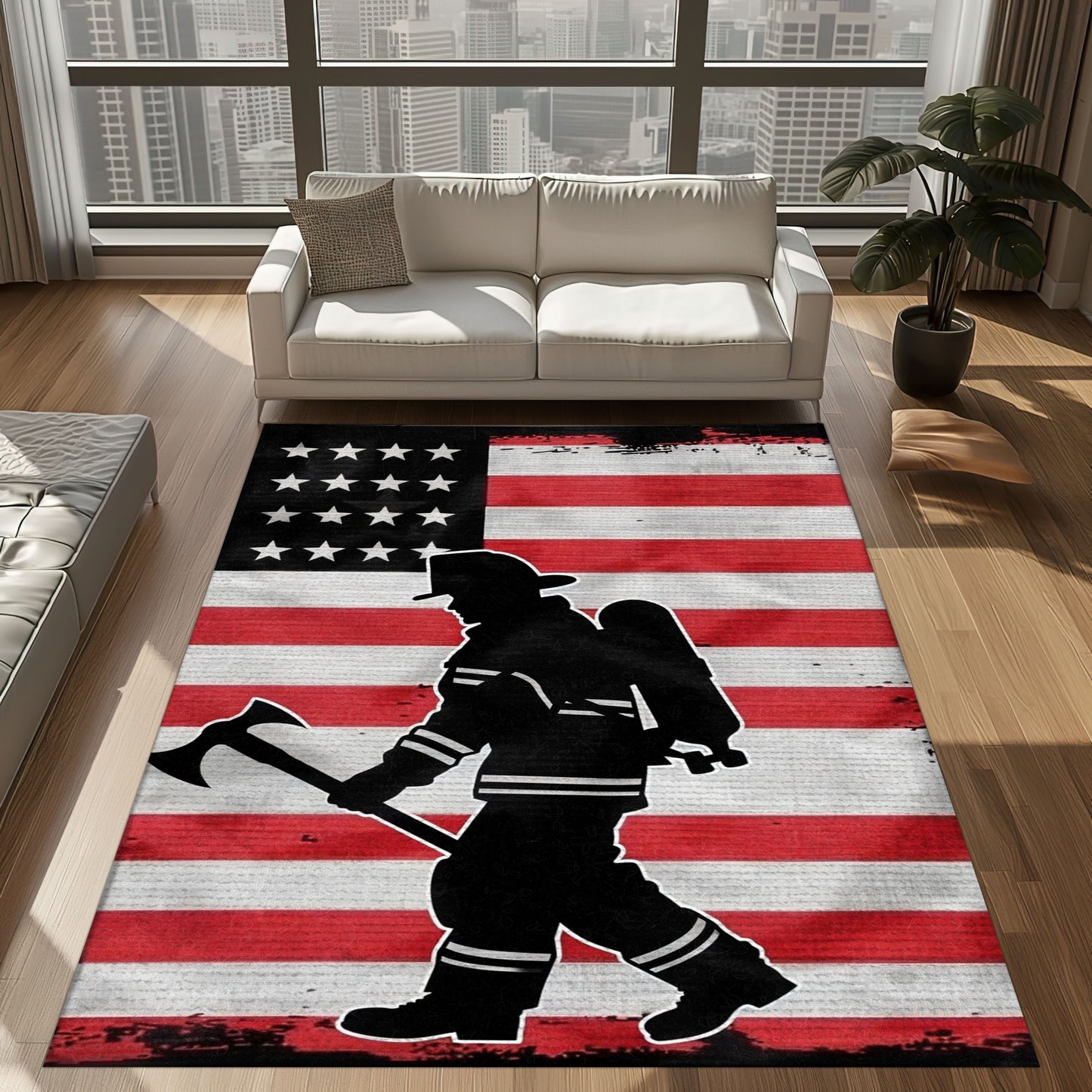 Bold Fire Truck in Front of the USA Flag Area Rug: Show Support for First Responders and Nation, Firefighter Rugs for Living Room Bedroom, Firefighter Rectangular Rugs Full Size FR60