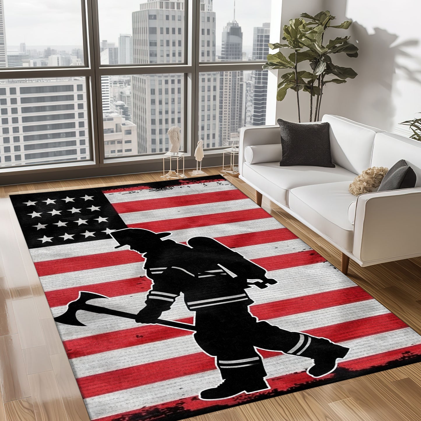 Bold Fire Truck in Front of the USA Flag Area Rug: Show Support for First Responders and Nation, Firefighter Rugs for Living Room Bedroom, Firefighter Rectangular Rugs Full Size FR60