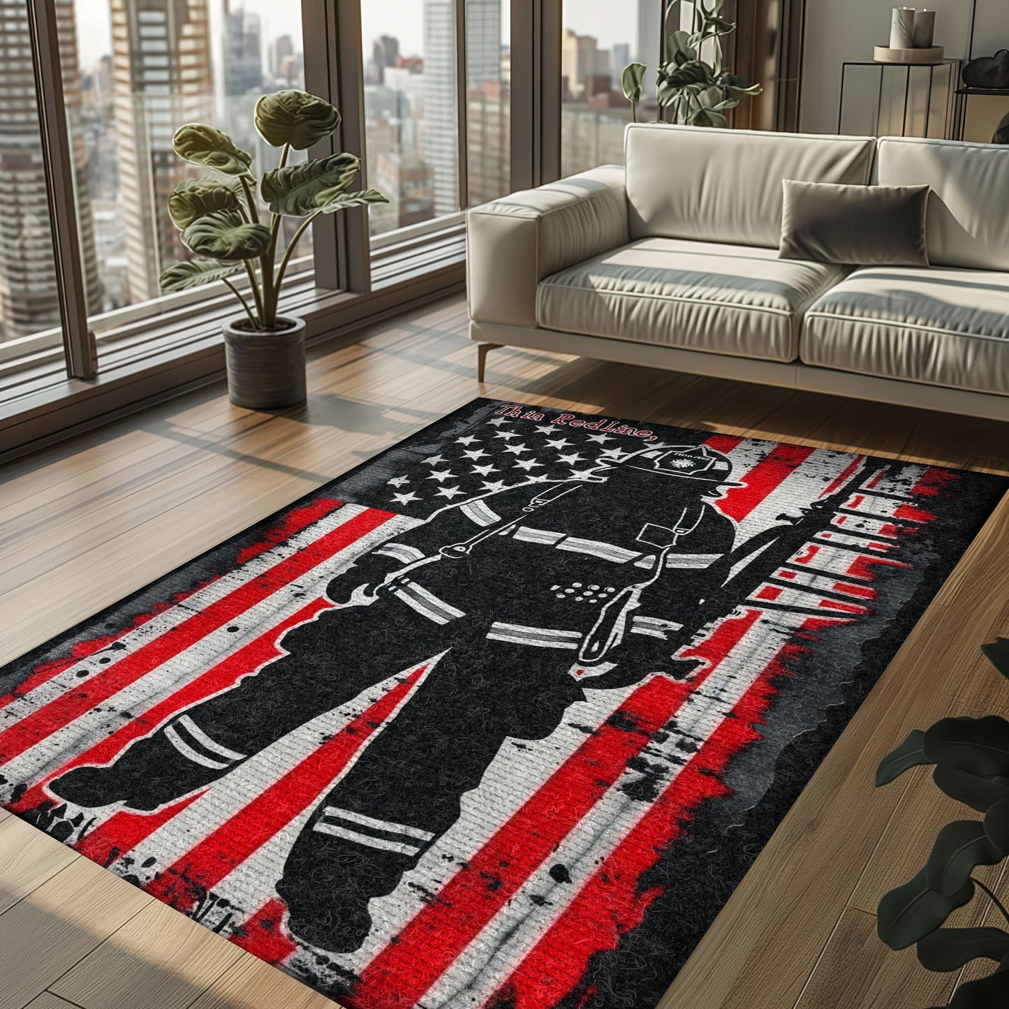 United We Stand: Personalized Firefighter Rug with American Flag Motif, Firefighter Rugs for Living Room Bedroom, Firefighter Rectangular Rugs Full Size FR178