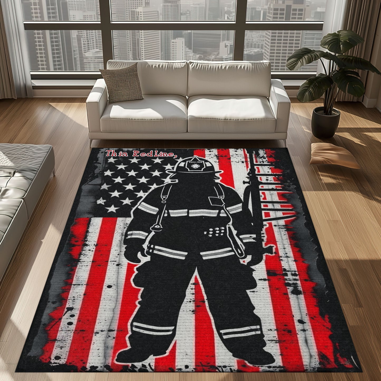 Bold Fire Truck in Front of the USA Flag Area Rug: Show Support for First Responders and Nation, Firefighter Rugs for Living Room Bedroom, Firefighter Rectangular Rugs Full Size FR60