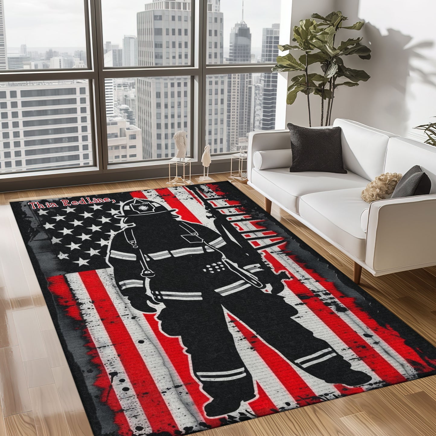 Bold Fire Truck in Front of the USA Flag Area Rug: Show Support for First Responders and Nation, Firefighter Rugs for Living Room Bedroom, Firefighter Rectangular Rugs Full Size FR60