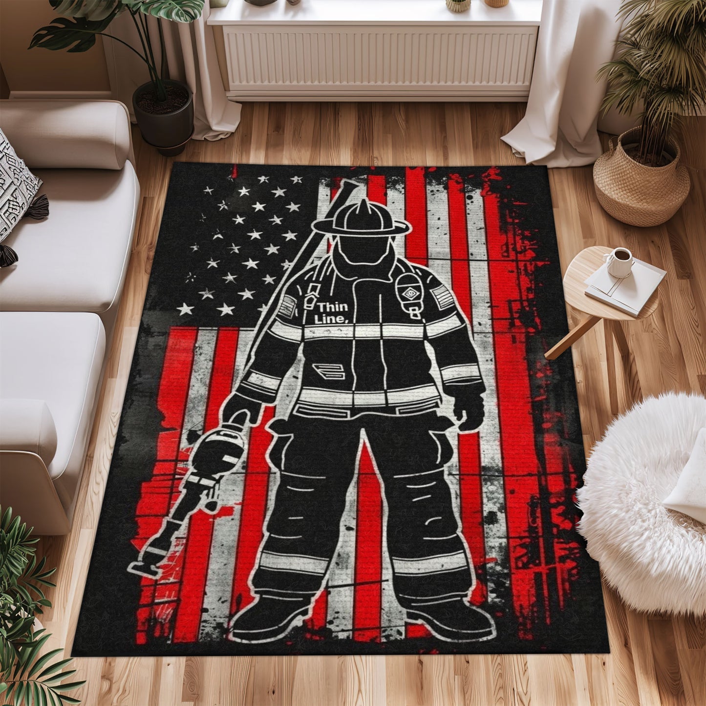 Bold Fire Truck in Front of the USA Flag Area Rug: Show Support for First Responders and Nation, Firefighter Rugs for Living Room Bedroom, Firefighter Rectangular Rugs Full Size FR60