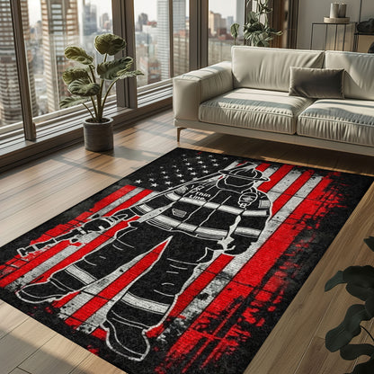 Bold Fire Truck in Front of the USA Flag Area Rug: Show Support for First Responders and Nation, Firefighter Rugs for Living Room Bedroom, Firefighter Rectangular Rugs Full Size FR60