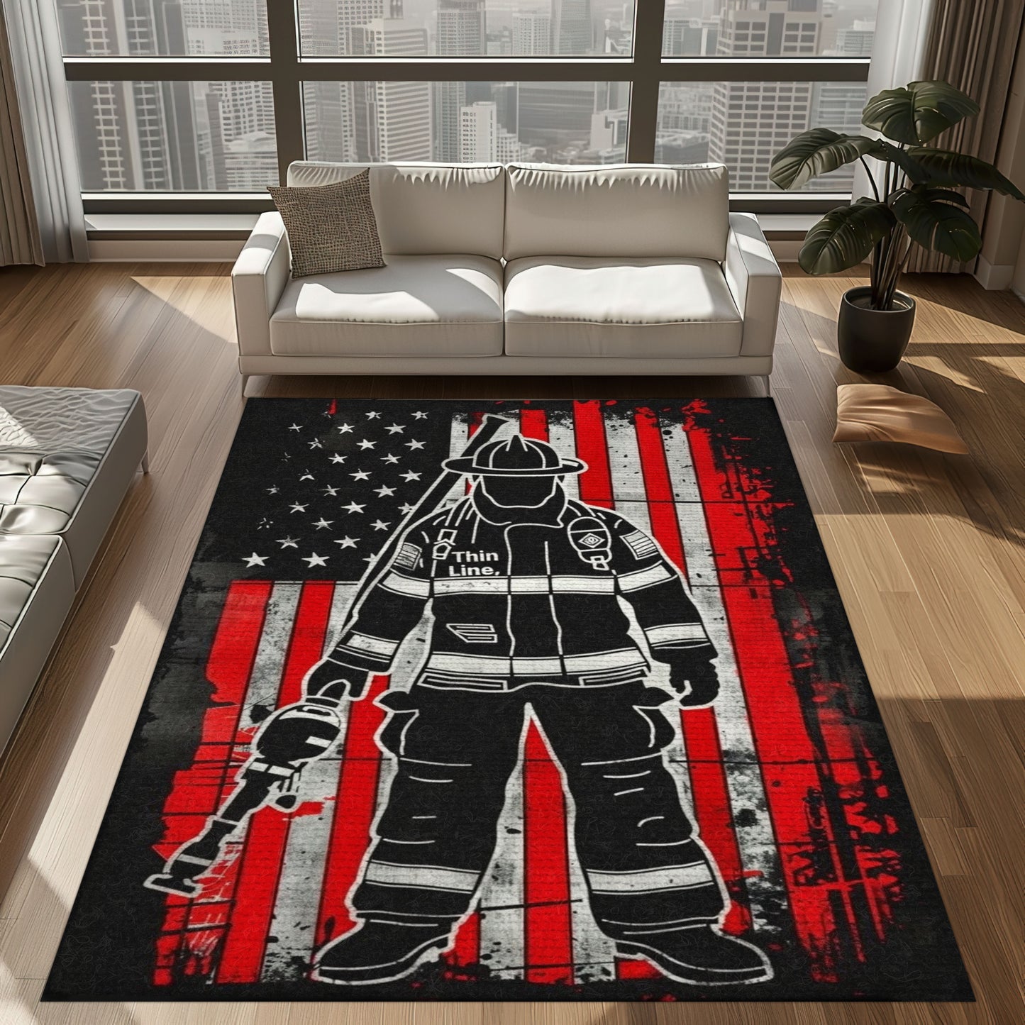 Bold Fire Truck in Front of the USA Flag Area Rug: Show Support for First Responders and Nation, Firefighter Rugs for Living Room Bedroom, Firefighter Rectangular Rugs Full Size FR60