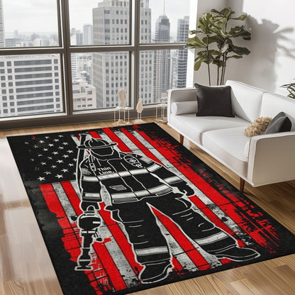 Bold Fire Truck in Front of the USA Flag Area Rug: Show Support for First Responders and Nation, Firefighter Rugs for Living Room Bedroom, Firefighter Rectangular Rugs Full Size FR60