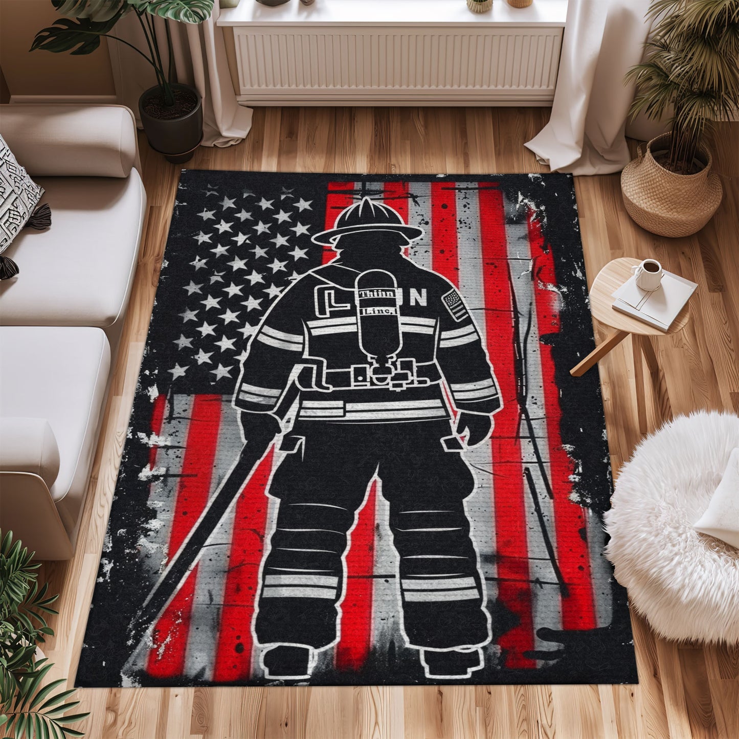 Bold Fire Truck in Front of the USA Flag Area Rug: Show Support for First Responders and Nation, Firefighter Rugs for Living Room Bedroom, Firefighter Rectangular Rugs Full Size FR60