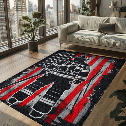 Bold Fire Truck in Front of the USA Flag Area Rug: Show Support for First Responders and Nation, Firefighter Rugs for Living Room Bedroom, Firefighter Rectangular Rugs Full Size FR60