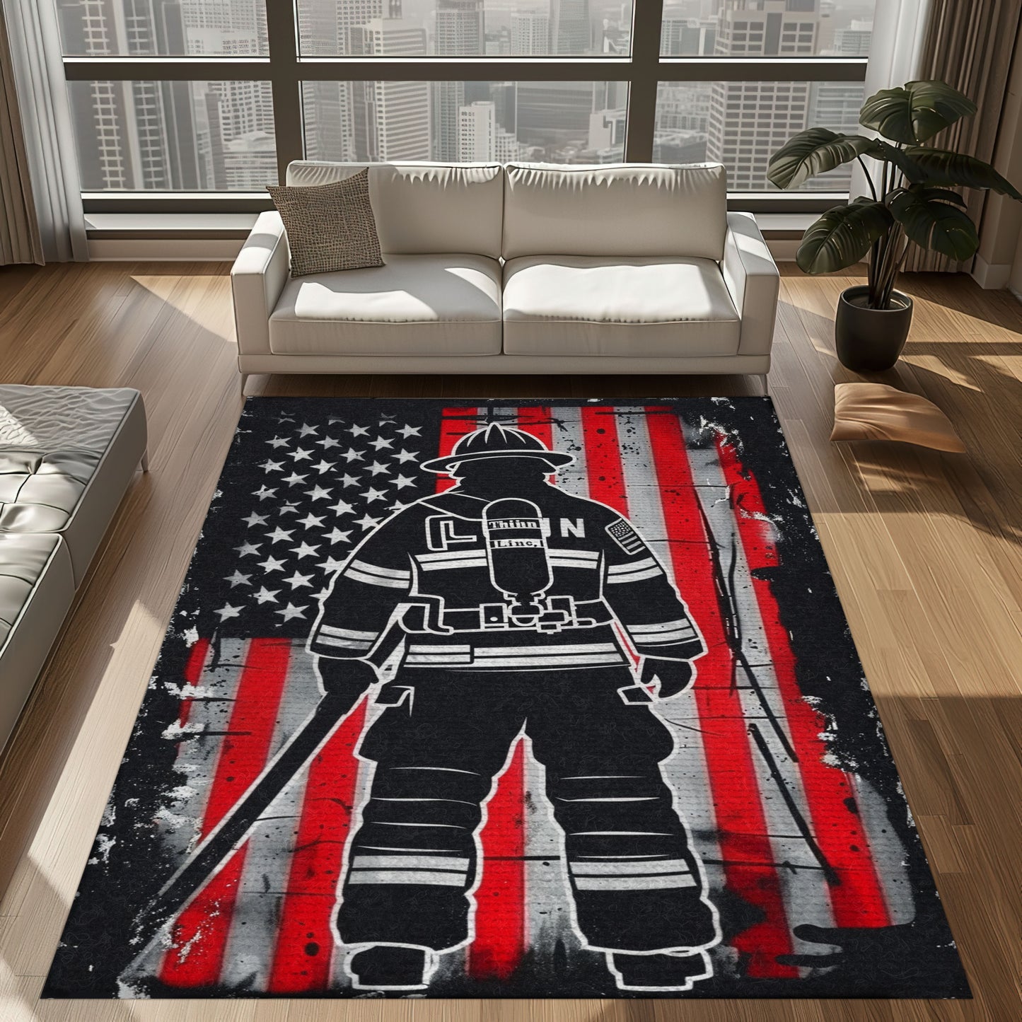 Bold Fire Truck in Front of the USA Flag Area Rug: Show Support for First Responders and Nation, Firefighter Rugs for Living Room Bedroom, Firefighter Rectangular Rugs Full Size FR60