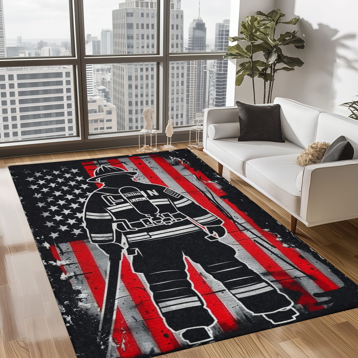 Bold Fire Truck in Front of the USA Flag Area Rug: Show Support for First Responders and Nation, Firefighter Rugs for Living Room Bedroom, Firefighter Rectangular Rugs Full Size FR60