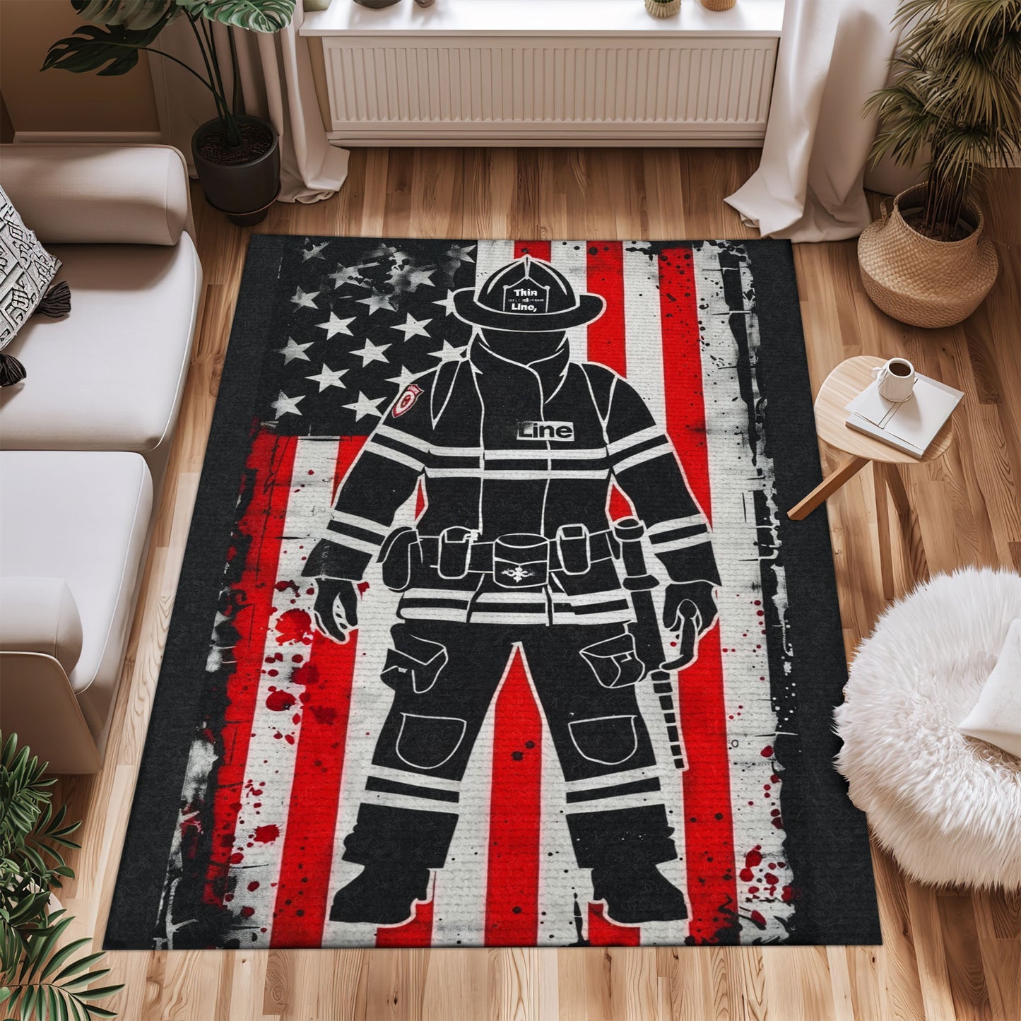 Bold Fire Truck in Front of the USA Flag Area Rug: Show Support for First Responders and Nation, Firefighter Rugs for Living Room Bedroom, Firefighter Rectangular Rugs Full Size FR60