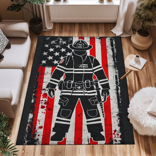 Personalized Courage Underfoot: Firefighter Rectangular Rug with American Flag Motif, Firefighter Rugs for Living Room Bedroom, Firefighter Rectangular Rugs Full Size FR175