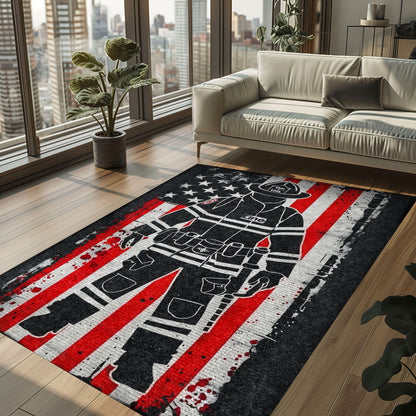 Bold Fire Truck in Front of the USA Flag Area Rug: Show Support for First Responders and Nation, Firefighter Rugs for Living Room Bedroom, Firefighter Rectangular Rugs Full Size FR60