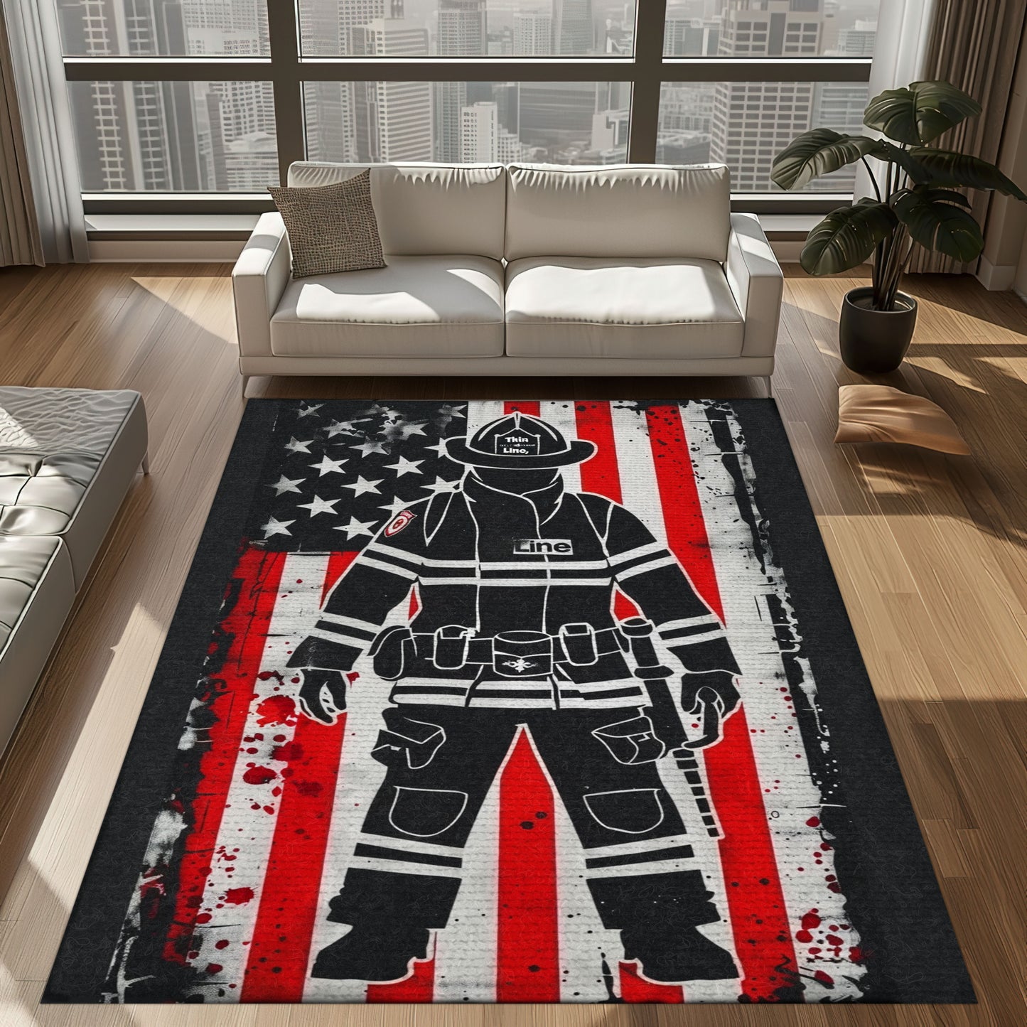 Bold Fire Truck in Front of the USA Flag Area Rug: Show Support for First Responders and Nation, Firefighter Rugs for Living Room Bedroom, Firefighter Rectangular Rugs Full Size FR60