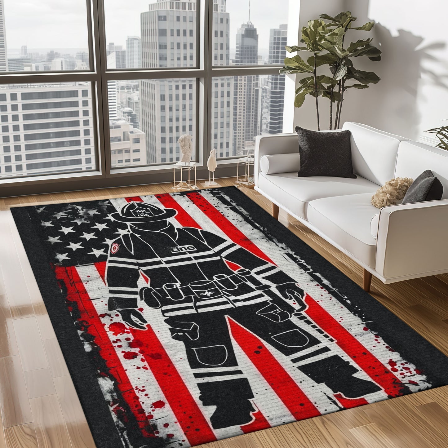 Bold Fire Truck in Front of the USA Flag Area Rug: Show Support for First Responders and Nation, Firefighter Rugs for Living Room Bedroom, Firefighter Rectangular Rugs Full Size FR60