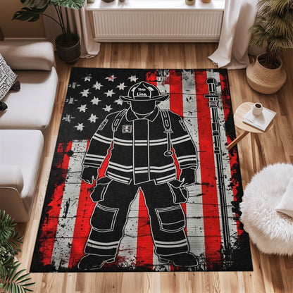 Bold Fire Truck in Front of the USA Flag Area Rug: Show Support for First Responders and Nation, Firefighter Rugs for Living Room Bedroom, Firefighter Rectangular Rugs Full Size FR60