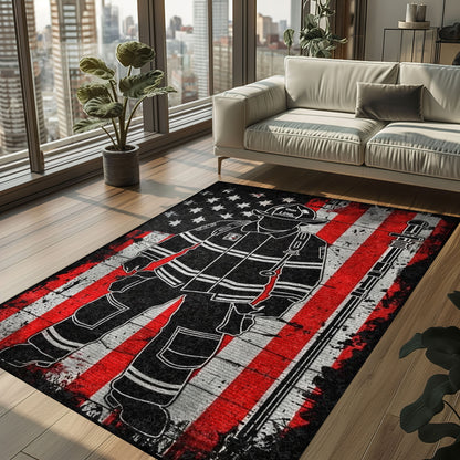 Bold Fire Truck in Front of the USA Flag Area Rug: Show Support for First Responders and Nation, Firefighter Rugs for Living Room Bedroom, Firefighter Rectangular Rugs Full Size FR60