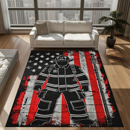 Bold Fire Truck in Front of the USA Flag Area Rug: Show Support for First Responders and Nation, Firefighter Rugs for Living Room Bedroom, Firefighter Rectangular Rugs Full Size FR60