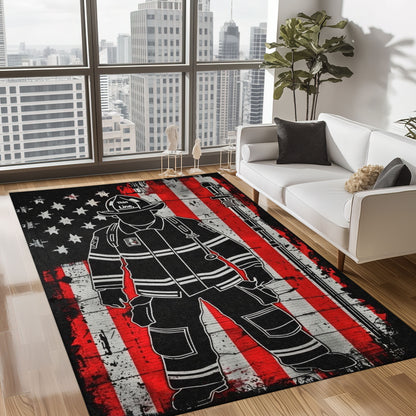 Bold Fire Truck in Front of the USA Flag Area Rug: Show Support for First Responders and Nation, Firefighter Rugs for Living Room Bedroom, Firefighter Rectangular Rugs Full Size FR60